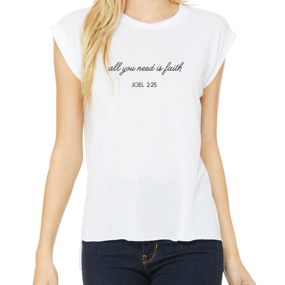 Ladies, scripture Rolled Cuff, white SS Tee